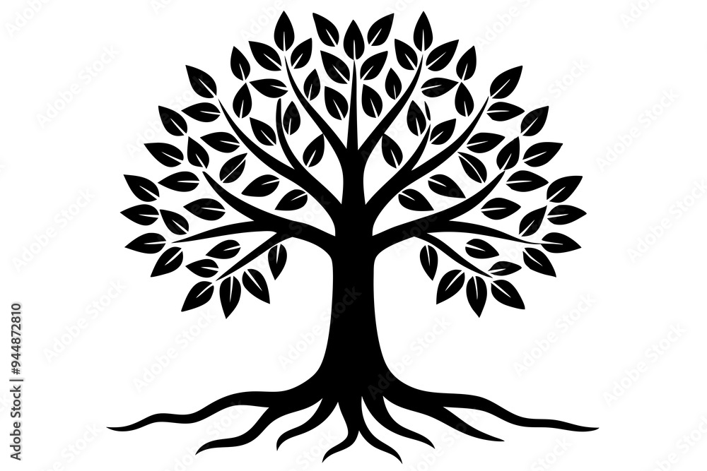 Obraz premium Tree with leaves and roots silhouette vector illustration