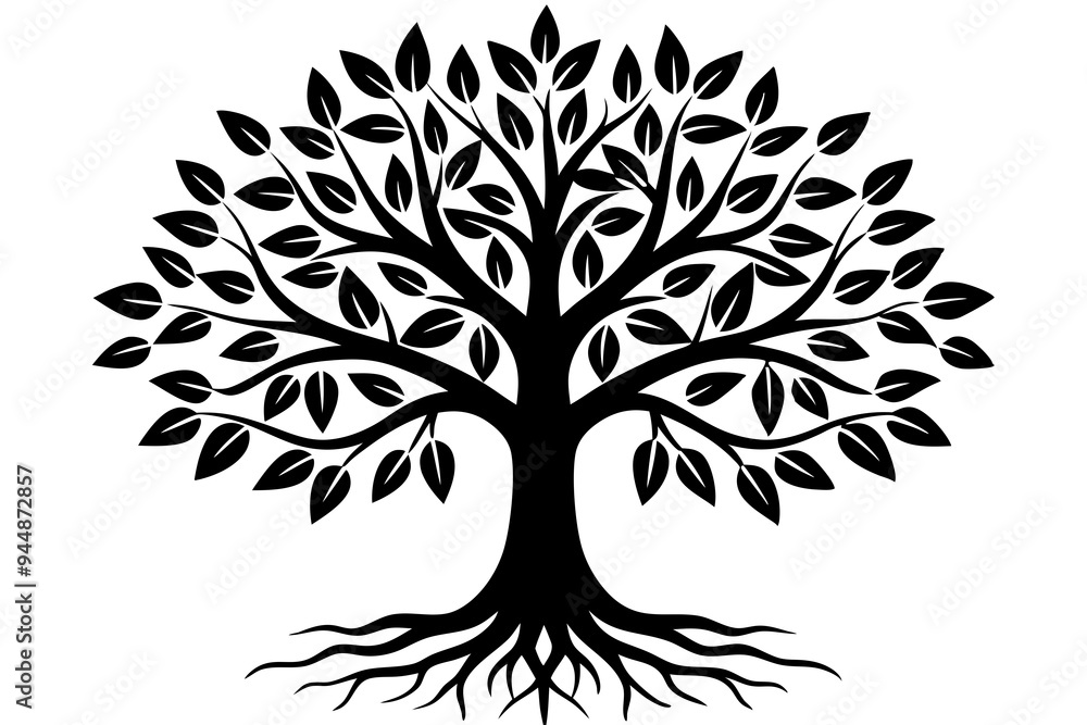 Obraz premium Tree with leaves and roots silhouette vector illustration