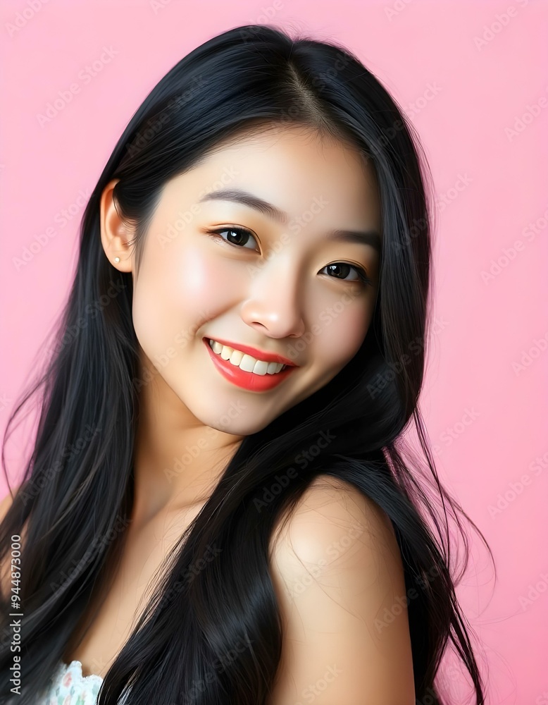 Elegant Young Woman Smiling Against a Soft Pink Background Elegant Young Woman Smiling Against a Soft Pink Background