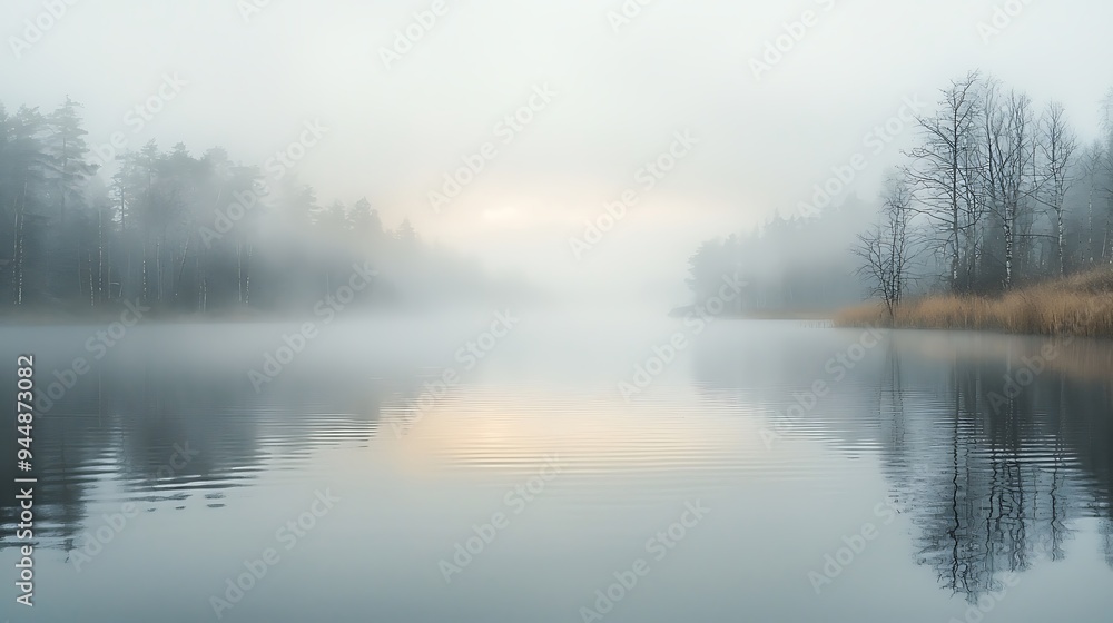A Misty Lake with Reflections of Trees, Creating a Serene and Dreamlike Scene A Misty Lake with Reflections of Trees, Creating a Serene and Dreamlike Scene