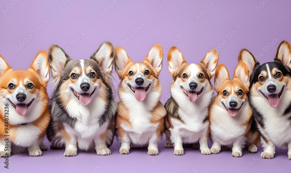 A Group of Adorable Corgis Smiling Happily Against a Vibrant Lavender Background A Group of Adorable Corgis Smiling Happily Against a Vibrant Lavender Background