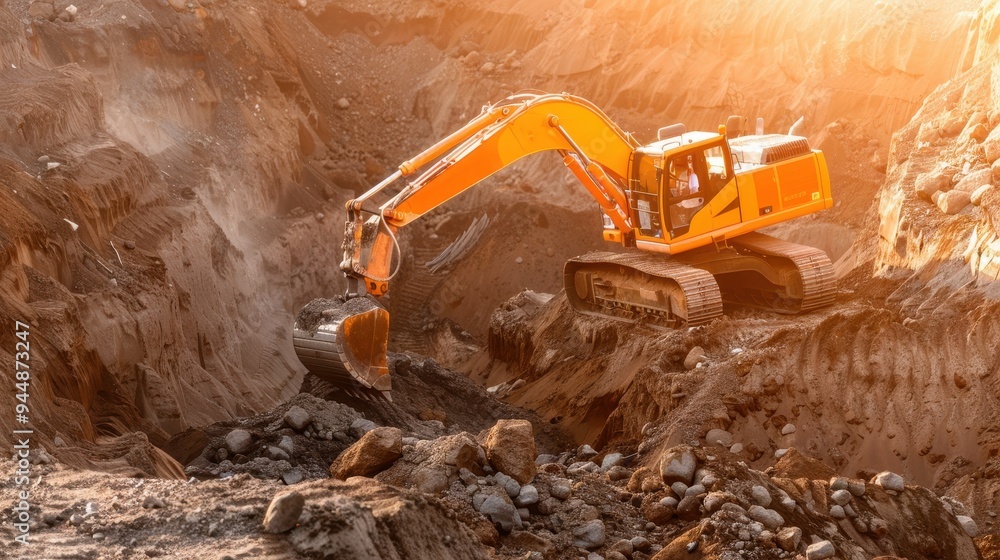 Excavator in Action, heavy machinery engaged in earthworks, surrounded ...