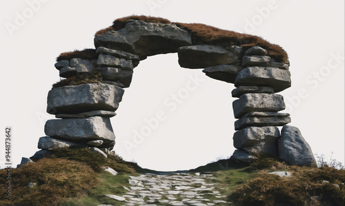 A natural stone archway frames a path leading up a grassy hillside photo