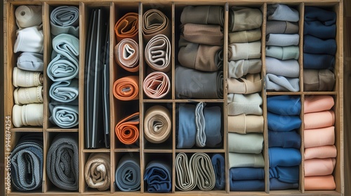 Efficient Closet Organization: Neatly Arranged Drawer with Folded Socks, Underwear, and Accessories in Compartments photo