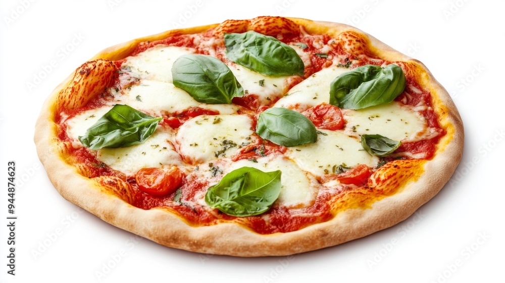 A classic Margherita pizza with fresh basil, mozzarella, and tomato sauce, placed on a clean white background, showcasing its vibrant colors. A classic Margherita pizza with fresh basil, mozzarella, and tomato sauce, placed on a clean white background, showcasing its vibrant colors.