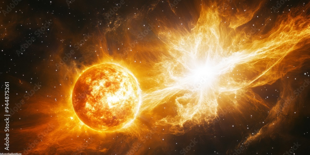 Obraz premium a binary star system, with both stars orbiting their common center of mass, showing the interaction of massive bodies