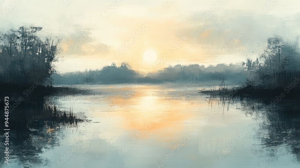 Fototapeta premium Abstract Painting of a Serene Lake at Sunset