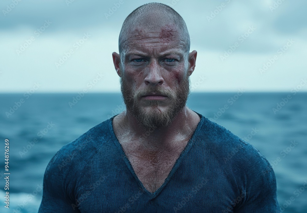 Rugged man with beard and intense expression by the sea Rugged man with beard and intense expression by the sea