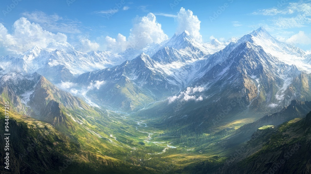 Majestic Mountain Range with a Lush Valley Below Majestic Mountain Range with a Lush Valley Below