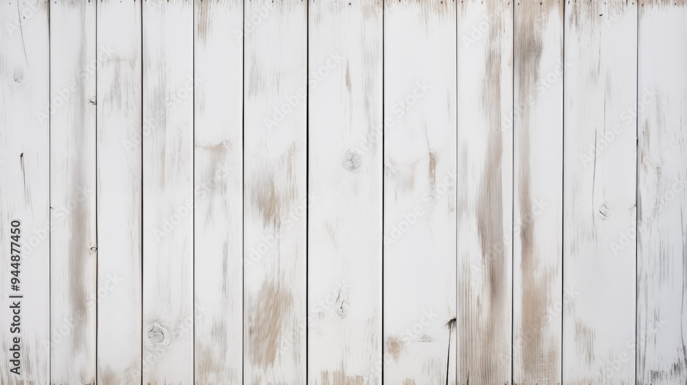 Obraz premium Weathered white wooden planks with a rustic texture. The wood shows signs of aging with subtle brown streaks and knots, creating a vintage appearance.