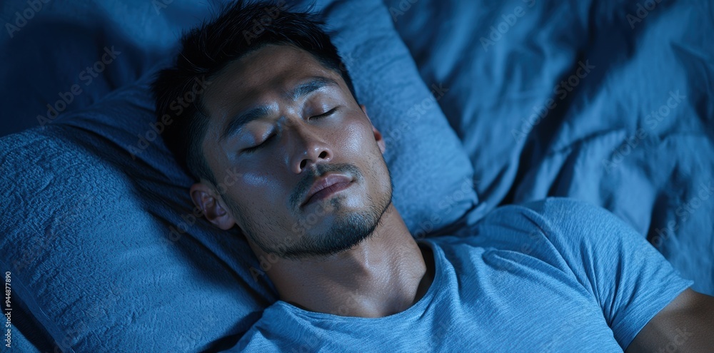 Fototapeta premium Man sleeping peacefully in blue-toned bedroom