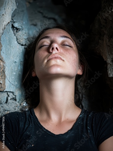 Pensive woman with eyes closed in dark environment