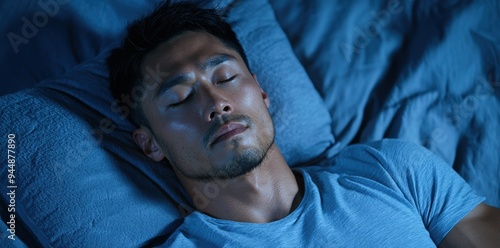 Man sleeping peacefully in blue-toned bedroom