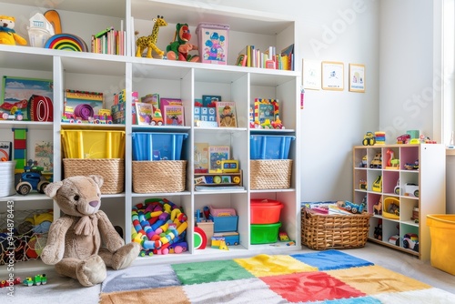 Harmonious Haven: Neatly Organized Child's Playroom with Colorful Toys and Books Perfect for Promoting Family Lifestyle Brands photo