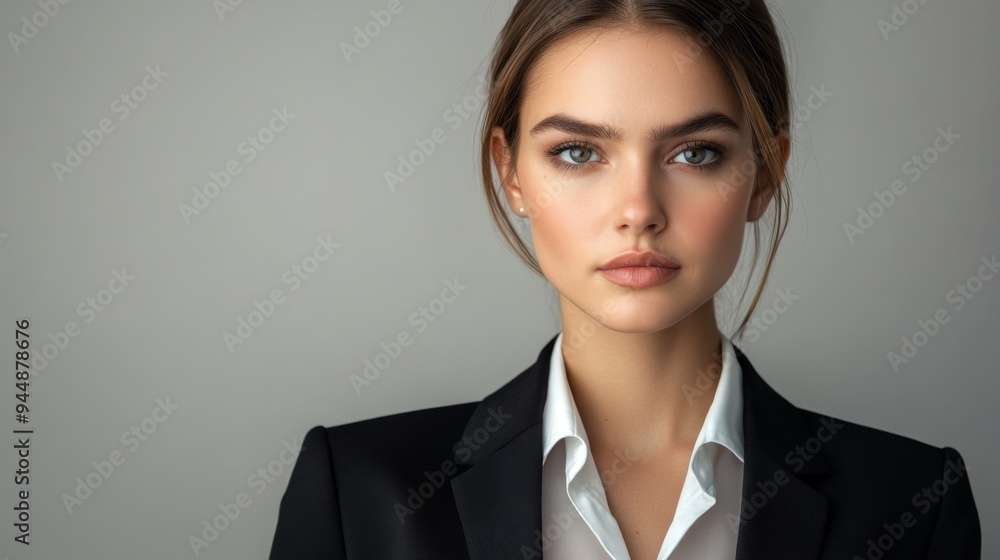 A close-up of a businesswoman in a suit, with a serious and focused expression, against a neutral background that highlights her facial details. A close-up of a businesswoman in a suit, with a serious and focused expression, against a neutral background that highlights her facial details.