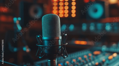 A close-up of a classic studio microphone on a stand, with a blurred background of recording equipment, capturing the essence of a professional recording environment.