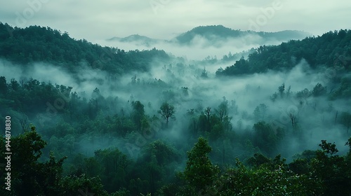 A Misty Forest Landscape with Foggy Mountains, Evoking a Sense of Mystery and Calm