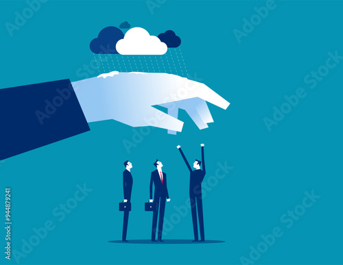 Assistance. Leader hand cover team member from rainstorm, Employee care benefit