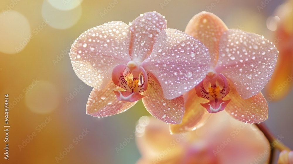 A close-up of a delicate orchid with several tiny water droplets on its petals, set against a soft, blurred background, showcasing its intricate details A close-up of a delicate orchid with several tiny water droplets on its petals, set against a soft, blurred background, showcasing its intricate details