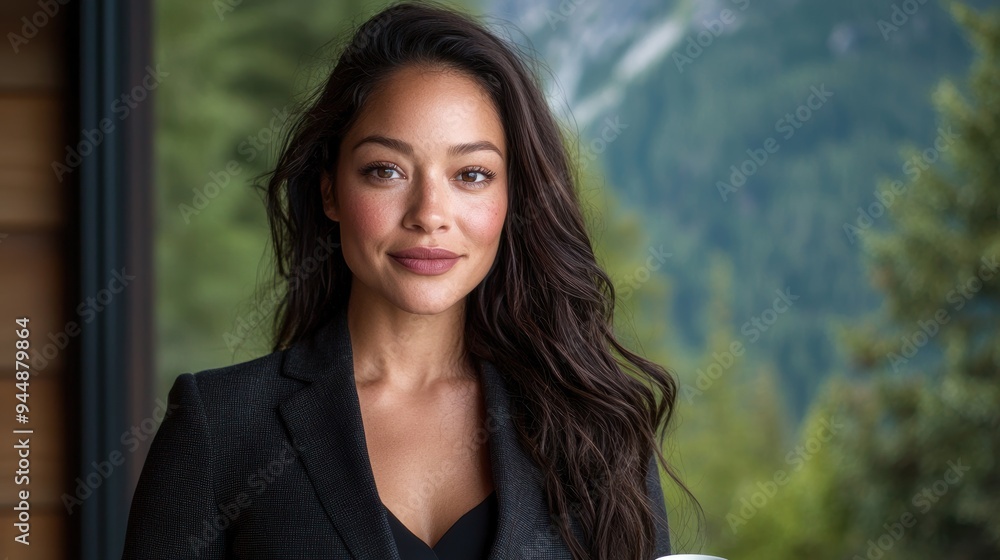 Obraz premium beautiful woman with long dark hair in black jacket