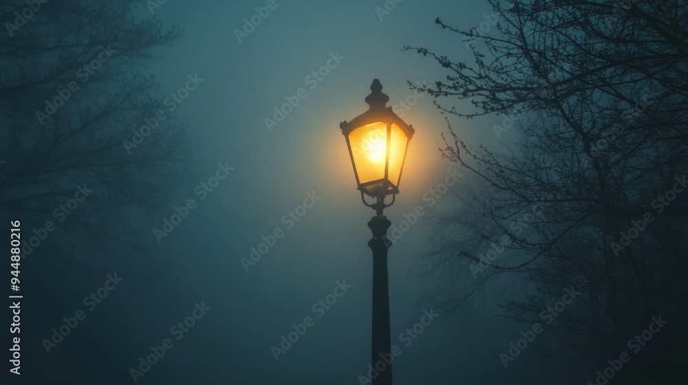 Dimly lit street lamp amidst swirling fog on a deserted night street, evoking a sense of mystery and solitude. Dimly lit street lamp amidst swirling fog on a deserted night street, evoking a sense of mystery and solitude.
