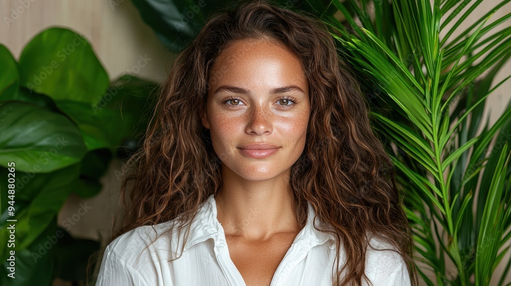 portrait of a young woman with curly hair in a tropical setting portrait of a young woman with curly hair in a tropical setting