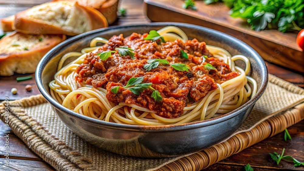 Close up of spaghetti bolognese with baked bread in a beautiful dish under natural light, pasta, Italian, food, cuisine Close up of spaghetti bolognese with baked bread in a beautiful dish under natural light, pasta, Italian, food, cuisine