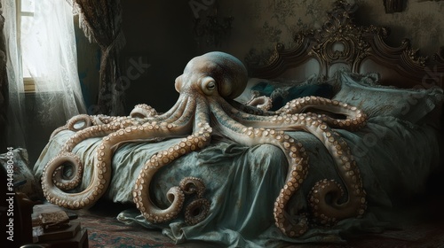 Dreamlike vision of an octopus sprawled across a bed, evoking a sense of fantasy with its delicate tentacles.