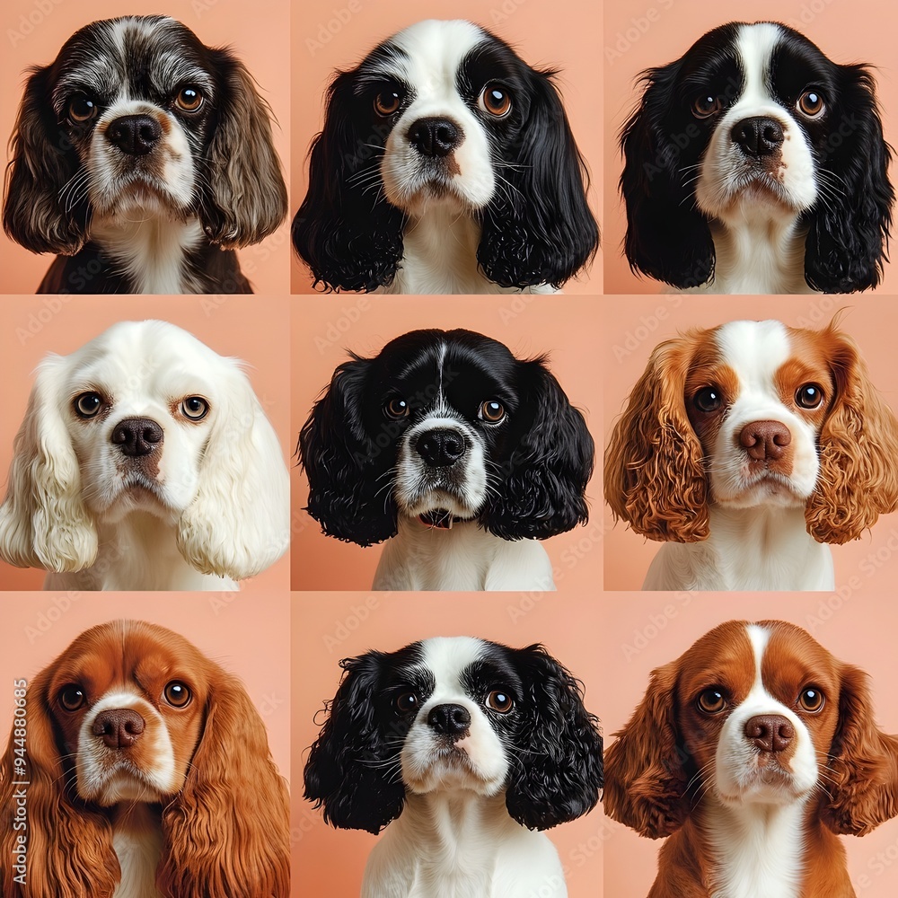 Obraz premium Refined Cavalier King Charles Spaniels Posing in Soothing Studio with Peach Backdrop