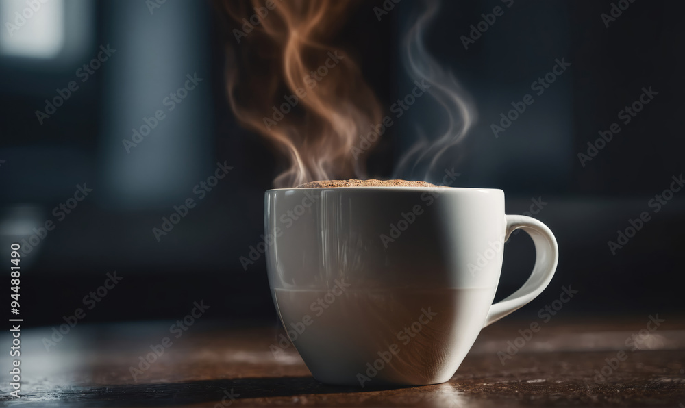 A steaming cup of coffee sits on a wooden table, ready for a morning pick-me-up A steaming cup of coffee sits on a wooden table, ready for a morning pick-me-up
