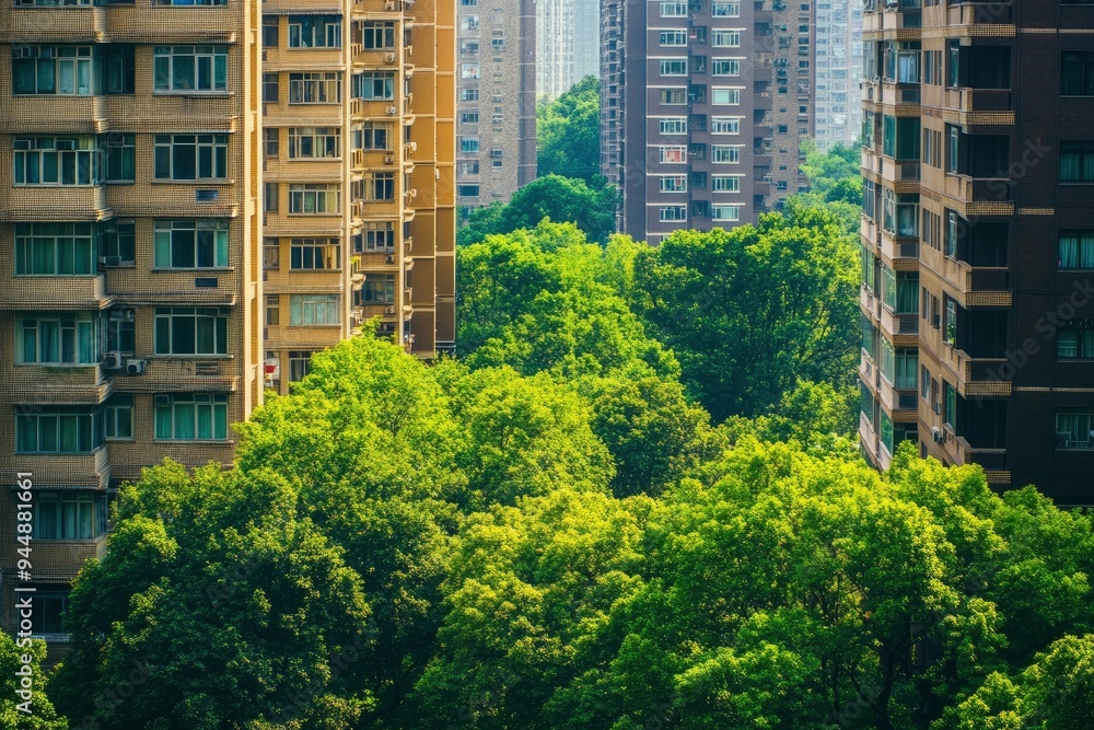 high rise apartments and green trees , ai high rise apartments and green trees , ai