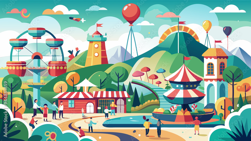 Theme park landscape colorful graphic design Theme park landscape colorful graphic design