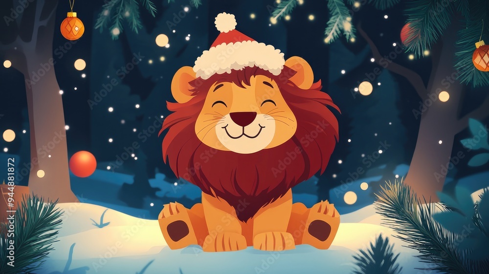 Cute cartoon lion Christmas greeting card in 2D style Cute cartoon lion Christmas greeting card in 2D style