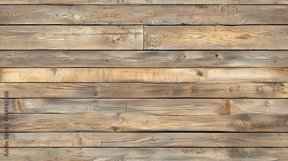 Naklejka premium Rustic wooden planks arranged horizontally, showcasing natural wood grain and texture in various shades of brown and beige.