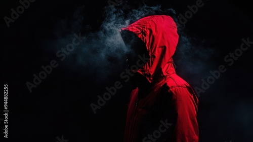 Eerie silhouette of a person in a red jacket, their identity shrouded in darkness, enhancing the enigmatic tone.