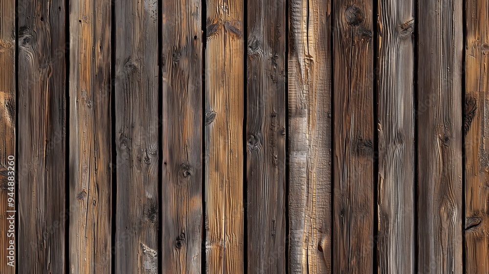 Naklejka premium Wooden planks with varying shades of brown and texture. The wood shows natural grain patterns and some weathering, creating a rustic appearance.