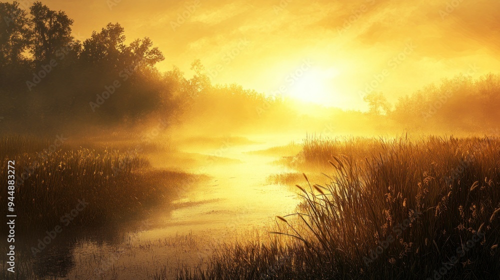 Golden Hour Sunrise Over a Foggy River With Tall Grass Golden Hour Sunrise Over a Foggy River With Tall Grass