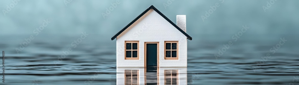 Miniature home surrounded by floodwater, symbolizing climate change effects, rising water, environmental impact on housing, powerful and urgent message Miniature home surrounded by floodwater, symbolizing climate change effects, rising water, environmental impact on housing, powerful and urgent message