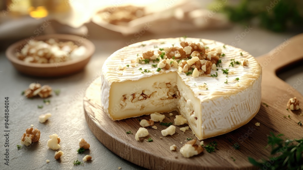 3D rendering of a cheese brie filled with a mixture of cheese chopped walnuts and garlic 3D rendering of a cheese brie filled with a mixture of cheese chopped walnuts and garlic