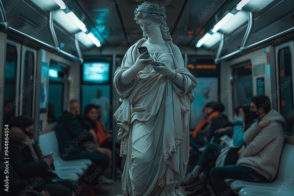 Fototapeta premium Statue holding a smartphone in a crowded subway train during late evening commute
