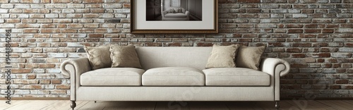 3D rendering of a luxury sofa against a brick wall background featuring a photo frame illustrating an interior gallery and furniture decor concept with each element individually defined photo