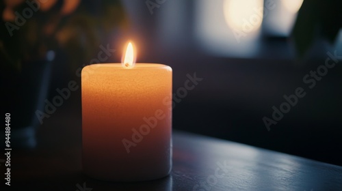 A close-up of a lit candle on a table, with a soft, flickering light casting gentle shadows and creating an intimate and warm nighttime atmosphere.