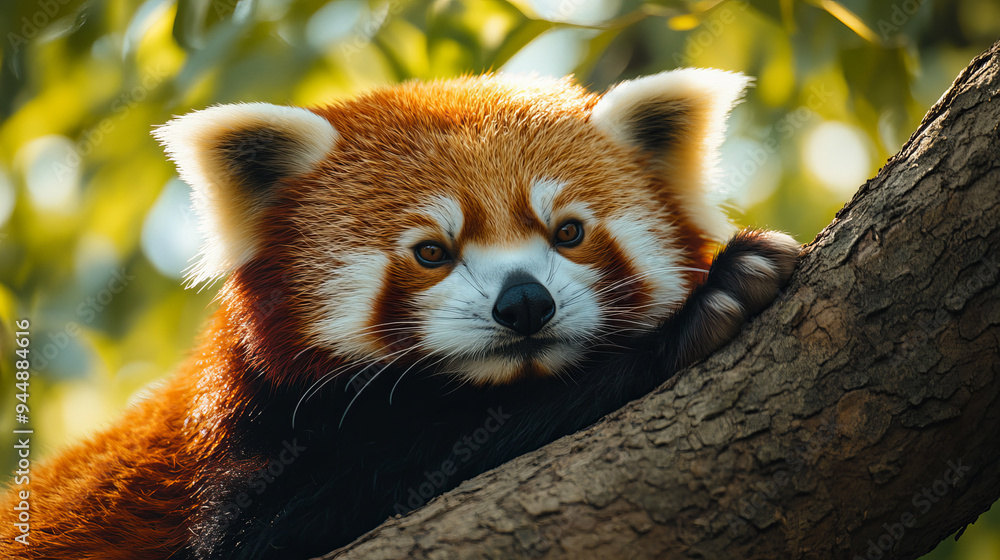 Naklejka premium A red panda rests own a tree this endangered specie is also known as lesser panda or red cat bear 