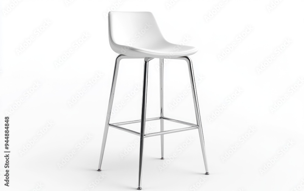3D rendering of a modern bar stool made from white plastic and chrome steel isolated on a white background