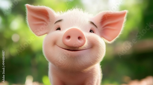 Adorable small pink pig in a cheerful cartoon style featuring a bright smile suitable for children s themes photo