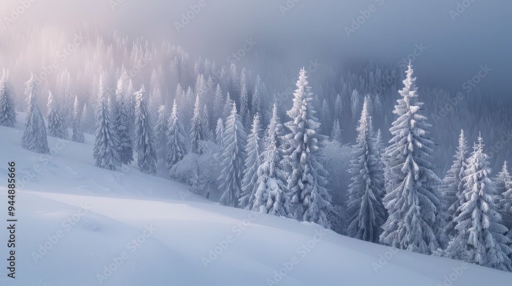 Fototapeta premium Majestic winter forest nestled among towering mountains, blanketed in pristine snow, with tall pine trees and a serene atmosphere, evoking a sense of peace and solitude.