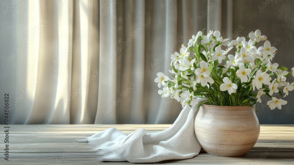 3D rendering of a composition featuring spring flowers in a pot placed on a wooden table adorned with a cloth and set against a curtain backdrop 3D rendering of a composition featuring spring flowers in a pot placed on a wooden table adorned with a cloth and set against a curtain backdrop