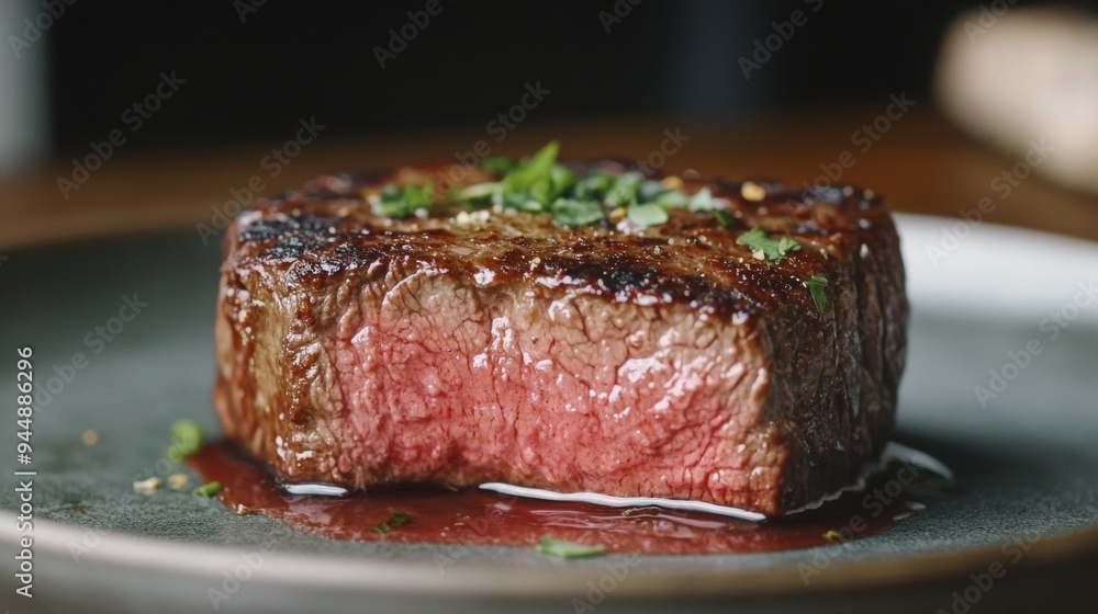 A close-up of a perfectly cooked steak with a juicy, pink center and a crispy, seared exterior, garnished with fresh herbs and served on a rustic plate. A close-up of a perfectly cooked steak with a juicy, pink center and a crispy, seared exterior, garnished with fresh herbs and served on a rustic plate.