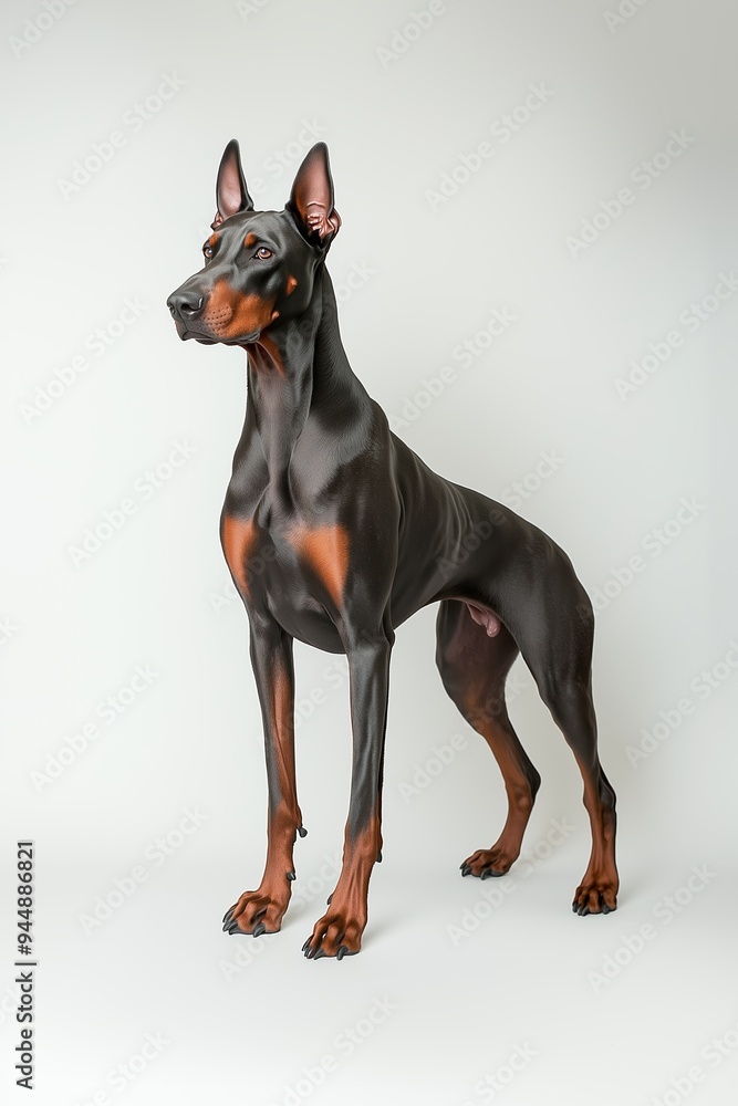 A majestic Doberman standing proudly against a neutral background, showcasing its sleek coat and strong physique in a studio setting A majestic Doberman standing proudly against a neutral background, showcasing its sleek coat and strong physique in a studio setting