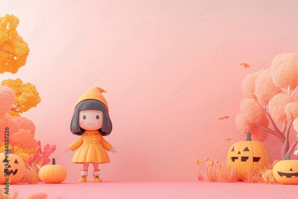 Fototapeta premium Cute cartoon girl and Halloween pumpkins in magical autumn scene